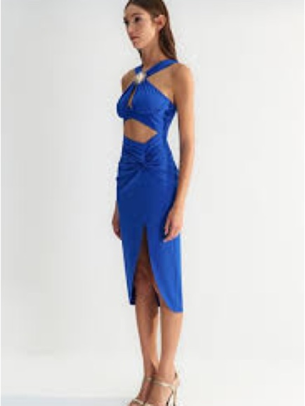 Bold Royal Blue Cutout Midi Wedding Dress - Picture 2 of 6